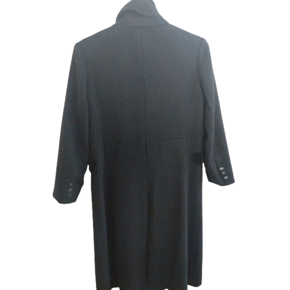Vintage Wool Trench Coat Long Black Button Front Velvet Collar - Picture 3 of 4
